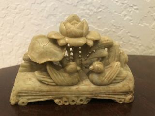 Asian Chinese Carved Soapstone Marble Birds Lotus Flower Statue Figure