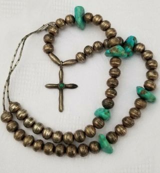 Vtg Navajo Native American Sterling Silver 925 Turquoise Beaded Cross Necklace