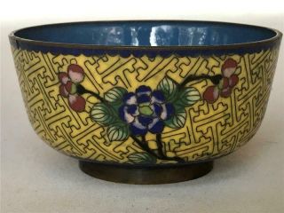 Antique Chinese Yellow & Blue Floral Cloisonne Bowl Enamel On Metal