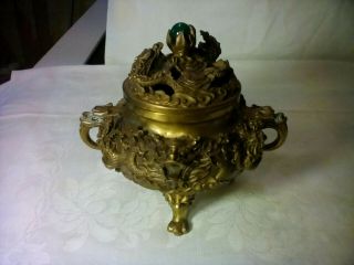 Vintage Chinese Brass " Dragon " Large Incense Burner 3 1/2 Lbs - 6 " Tall - Signed