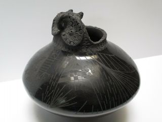 Vintage Ornate Black Pottery With Owl Bird Head Sculpture Vase Signed Talavera