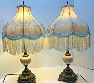 Vintage Wescal Table Lamps Pair 27 " Elegant,  Victorian Style Fringed