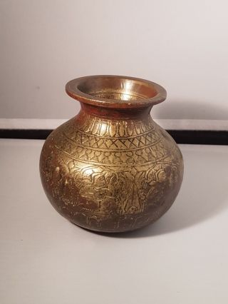 Antique Hand Crafted Vintage Hindu God Figure Engraved Brass Bronze Water Pot