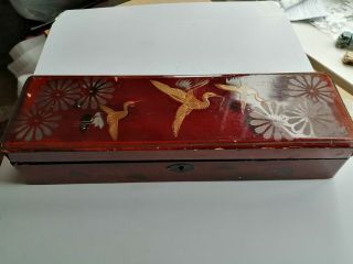 Vintage Antique Hand Painted Lacquered Wooden Glove Box Oriental Design