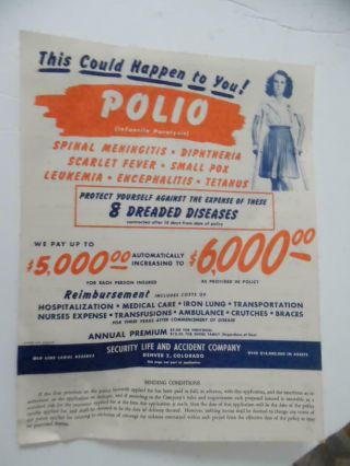 C.  1950 Polio Iron Lung Medical Supplemental Insurance Advertising Flyer Vintage