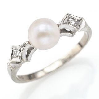 Vintage 14k White Gold Sea Pearl And Diamond Band Ring Size 5.  25