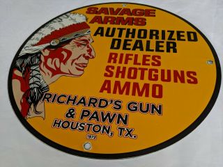 Old Vintage 1972 Savage Arms Porcelain Enamel Sign Indian Winchester Dealer Tx