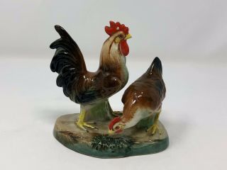 Vintage Brown Rooster And Chicken Figurine Japan