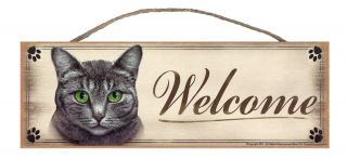 Gray Cat " Welcome " Rustic Wall Sign Plaque Gifts Home Ladies Pets Cats