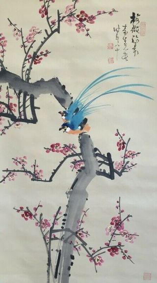 Japanese Hanging Scroll Kakejiku Hand Paint Silk Plum Tree Bird Antique Q457