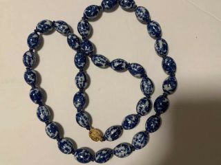 Vintage Porcelain Ceramic Glass Chinese Beaded Necklace Cobalt Blue And White