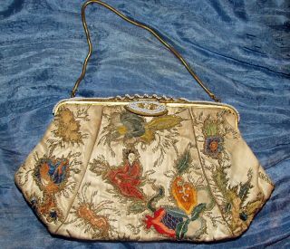 Antique Silk & Bead Purse With Antique Chinese Embroidery Woman Flowers Bees &,