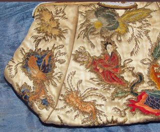 antique silk & bead purse with antique chinese embroidery woman flowers bees &, 3