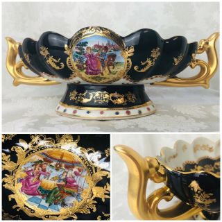 Vintage Sevres Style Black 24k Gold Hand Painted Porcelain Footed Center Bowl