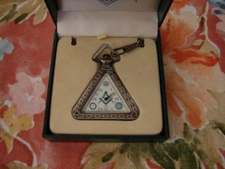 Masonic Triangle Pocket Watch W/ Chain In Case Quartz - See Photos