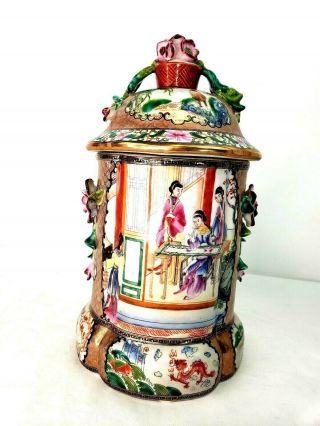 Large Chinese Rose Porcelain Tea Caddie Tobacco Jar Hand Painted Gilt