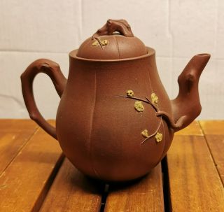 Vintage Chinese Yixing Zisha Pottery Teapot With Carved Flowers Marked