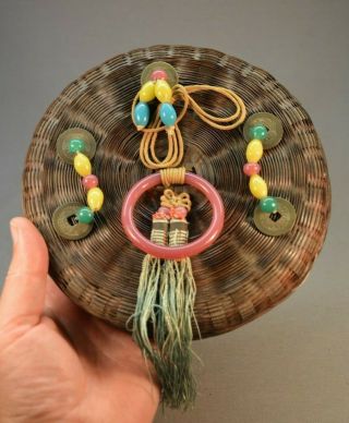 Small Antique Chinese Sewing Basket Peking Glass Beads Cash Coins