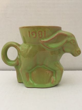 Vintage FRANKOMA POTTERY 1981 Democrat Donkey Political Mug Green 2