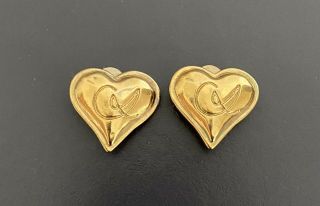 Christian Lacroix Clip On Earrings Vintage Heart Shape Gold Tone 1990s