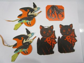5 Vintage Halloween Tally,  Invites Witches On Broom,  Black Cats With Bows.  Marked