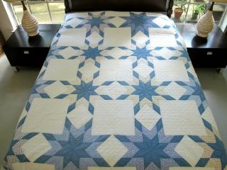 Queen Vintage All Cotton Machine Pieced Hand Quilted Touching Stars Quilt; Good
