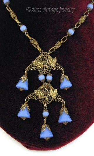 Vintage Art Deco Czech Periwinkle Blue Glass Fringe Brass Filigree Leaf Necklace