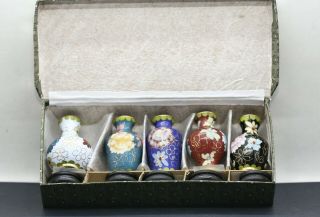 Set Of Five Vintage Chinese Miniature Cloisonné Vases W/stands