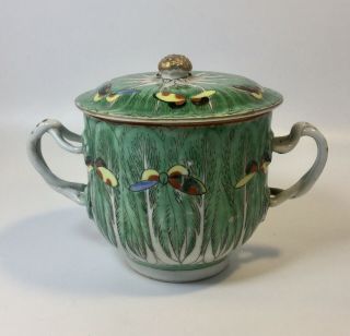 Vtg.  Chinese Famille Verte Cabbage Leaf And Butterflies Lidded Sugar Bowl