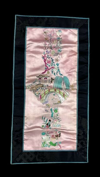 Vintage Chinese Embroidered Silk Panel 9.  5 " X18 " Bird Bridge Asian Floral