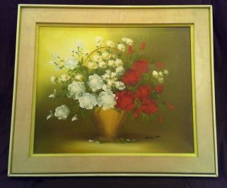 Vtg 60s Signed Nancy Lee Floral Roses Flower Basket Still Life Oil Painting 30 "