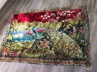 Huge Vintage Velvet Peacock Tapestry Wall Hanging Bright Colors 46x76 Large