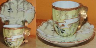 Hand Painted Cup & Saucer Eggshell China Demitasse Yellow Deco Japanese Antique