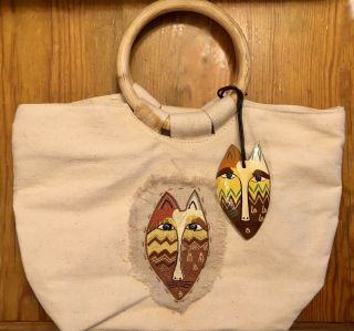 Laurel Burch Embroidered Cats Canvas Handbag/purse & Bonus " Sun Godess " Pin