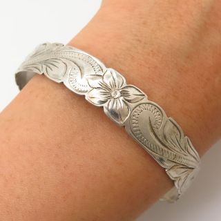 Vtg Signed 925 Sterling Silver Floral Etched Design Bangle Bracelet 7 3/4 "