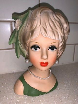 Vintage " Relpo " Lady Head Vase,  Green Dress,  Necklace And Earrings