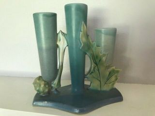 Vintage 1937 Roseville Pottery Thornapple Triple Vase,  Matte Blue/green 1120