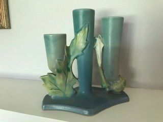Vintage 1937 Roseville Pottery Thornapple Triple Vase,  matte blue/green 1120 2