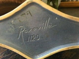 Vintage 1937 Roseville Pottery Thornapple Triple Vase,  matte blue/green 1120 3