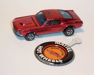 Hot Wheels Mattel Vintage 1968 Redline Custom Mustang Hong Kong Red & Button