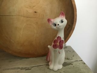 Cat Figurine Vintage Pink Hand Painted With Flowers Large 9”