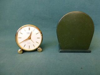 Vintage Looping 15 Jewels Traveling Alarm Clock With Green Leather Case