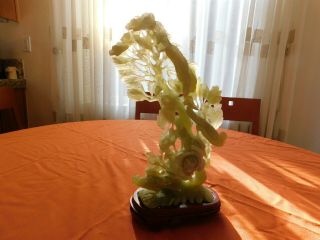 Big Old Chinese Hand Carved Green Jade Floral Birds Figurine Statue W/stand