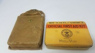 Vintage Boy Scouts Official First Aid Kit Box Tin Case Bsa Johnson & Johnson Old