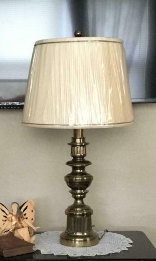 Vintage Stiffel Heavy Brass Table Lamp & Shade - 30 " Tall