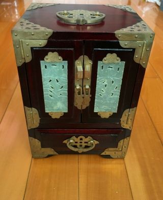 Antique Chinese Hand Made Wood Jewelry Music Box With Jade