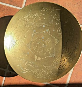 Vintage Chinese Hand - Engraved Brass Shallow Bowl On A Decorative Wooden Stand