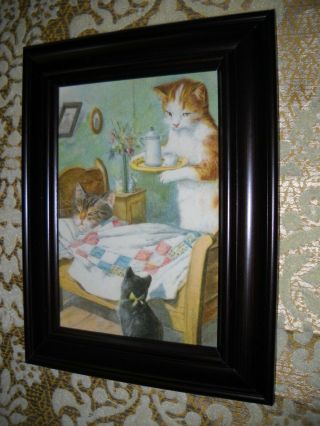 Sleeping Kitten Gets Tea 3 X 5 Small Brown Framed Picture Victorian Style Print