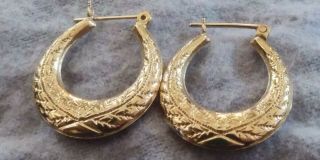Vintage 14k Yellow Gold Hoop Earrings Diamond Cut Design