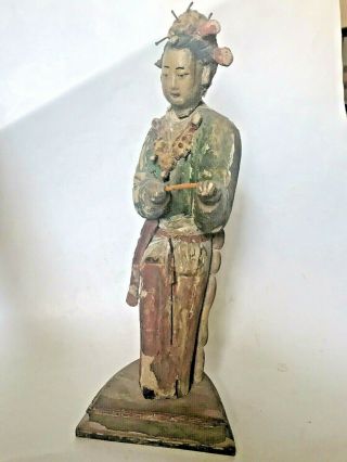 14 " Tall Old Antique Chinese Pottery Clay Wood Warrior Man Figure Hand Painted